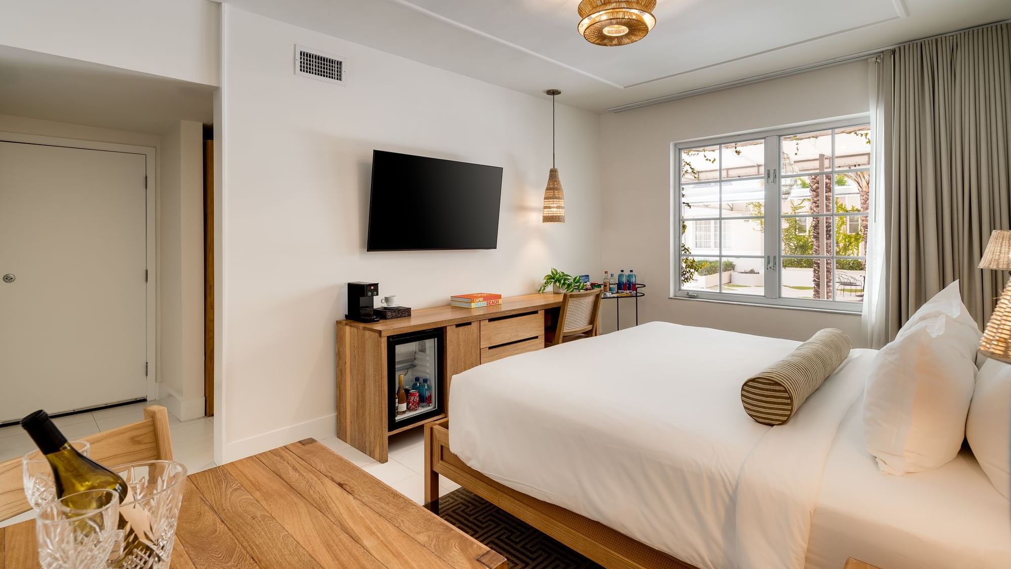 seaside hotel room with desk